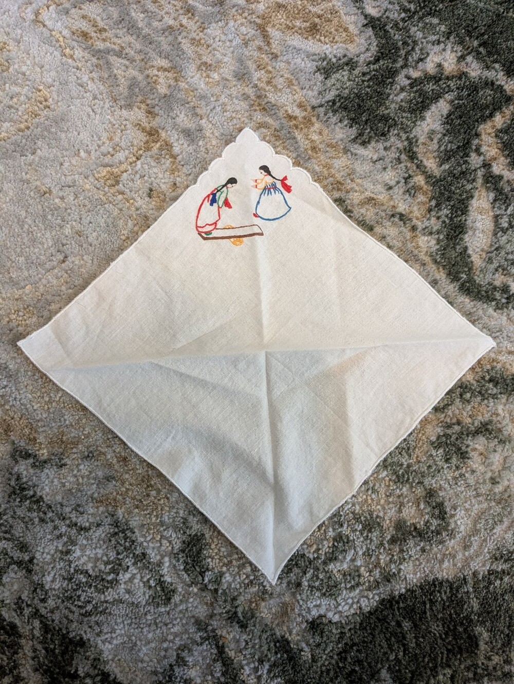 White Embroidered Cotton Handkerchief with 2 Girls On A See Saw